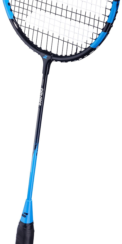 The Babolat Explorer 2026 Badminton Racket in blue and black features a sleek design for easy power, ideal for beginners; photographed on a white background.