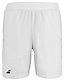 The Babolat Play Men's Badminton Shorts in white are crafted from recycled polyester and come with an adjustable waistband. They are accented with a small navy logo on the lower left side for a sporty flair.