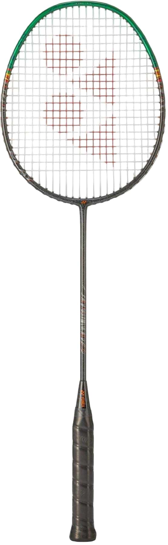 The Yonex Astrox 99 Play 4U Badminton Racket in Black/Green by Yonex is shown upright against a white background, featuring a green-accented frame, red strings, and a black grip—ideal for beginner badminton players.