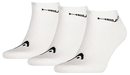 Three HEAD Sneaker Badminton Socks from a 3-pack, white with black logos at the toes and cuffs, made from a soft cotton blend for maximum comfort, displayed side by side.
