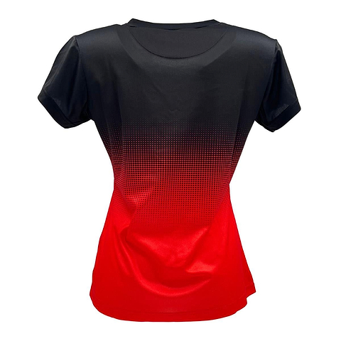 The back of the Yonex YTL5 Women's Badminton T-Shirt features impressive moisture-wicking polyester. This short-sleeved shirt by Yonex boasts advanced fabric technology with a striking gradient from black on the shoulders to red at the bottom and a dotted pattern in between.