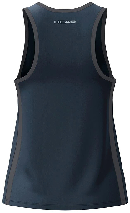 View from the back shows the HEAD Club 25 Tech Women's Badminton Tank Top in navy, featuring contrasting trim and a prominent HEAD logo. Made from Moisture Transfer Microfiber, it's lightweight and ideal for sports or exercise.