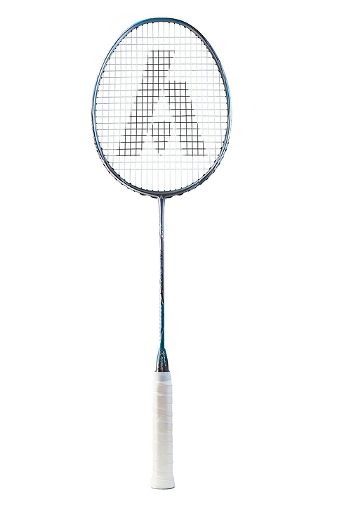 The Ashaway Phantom Shard 5 5U badminton racket features a white handle, sleek metallic frame with Shardtech technology, and a mesh head adorned with a stylized "A" design.