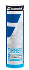 A cylindrical container of Babolat Nylon Tournament Shuttles - White, showcasing the brand logo and images of badminton players. The blue and white packaging indicates it holds six nylon shuttlecocks designed for competitive play, which are known to last longer than traditional feather shuttlecocks by reducing damage.