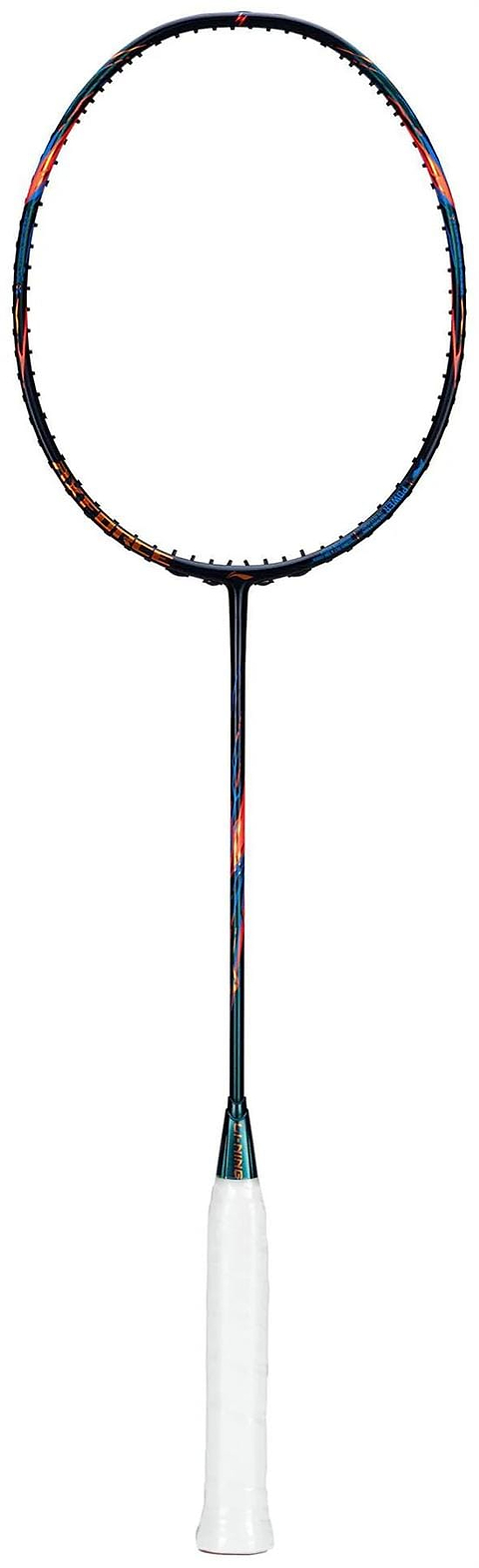 The Li-Ning Axforce 90 3U Badminton Racket – Black features a head-heavy balance and carbon fibre frame, displayed upright on a white background.