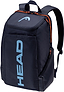 The HEAD Pro 28L Badminton Backpack - Navy features orange zippers, a top handle, padded straps, a dedicated racket compartment, and bold light blue HEAD branding on the front.