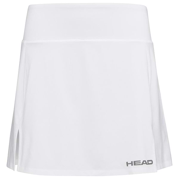 The HEAD Women's Club Basic Badminton Skort Long in white showcases a sleek waistband and a delicate side slit. Made with HEAD Sportswear MXM, it utilizes Moisture Transfer Microfibre Technology, and features the brand name "HEAD" tastefully printed in gray at the bottom corner.