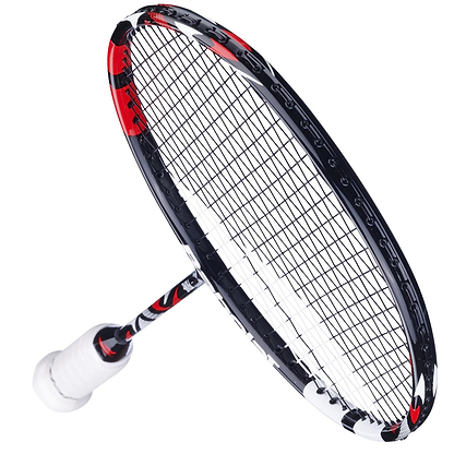 A close-up of the lightweight Babolat Prime 2026 Badminton Racket in black and white with a white grip—ideal for beginners seeking control and style.