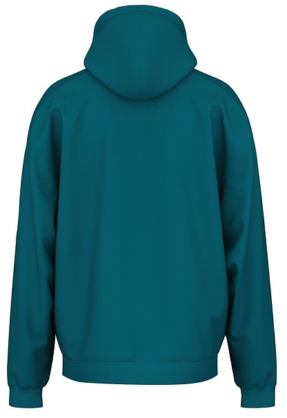 The HEAD Rally Mens Badminton Hoodie - TE by HEAD sports a teal color and soft French terry fabric, viewed from the back. Its simple design has a hood and long sleeves without visible logos or patterns.