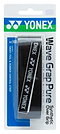 Yonex AC108WEX Wave Grap Pure Badminton Overgrip in black, by Yonex, comes in retail packaging with white and blue branding plus a clear window showcasing its precision and non-slip performance.