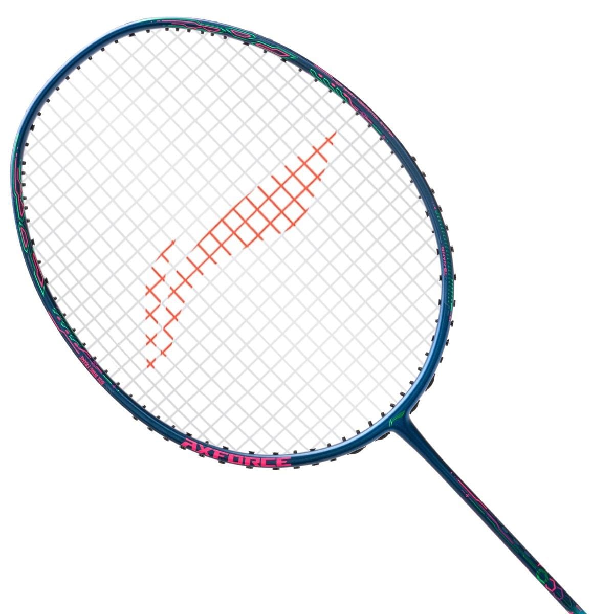 The Li-Ning Axforce 50 4U Badminton Racket in blue, by Li-Ning, is designed for advanced players and features colorful accents on the handle and head. Its strings create a unique pattern with a distinct red-orange mark near the center.