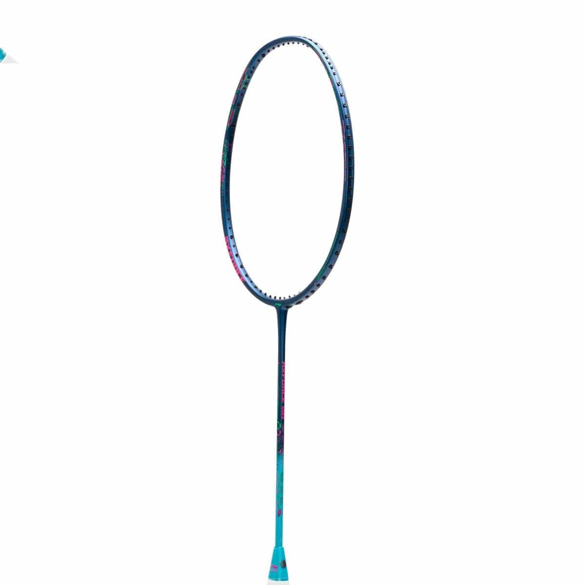 An isolated image of the Li-Ning Axforce 50 4U Badminton Racket - Blue on a white background. This sleek, lightweight racket from Li-Ning is designed for advanced players and features an oval-shaped frame with a long handle in vibrant blue tones.