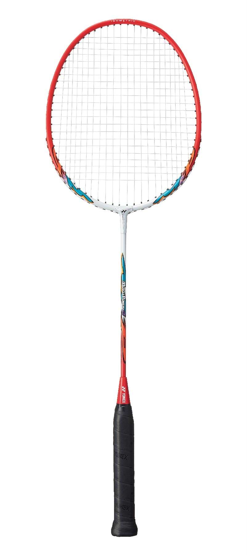 The Yonex Muscle Power 2 Badminton Racket in White and Red features a black grip handle and vibrant graphics on the shaft. Its tightly strung strings, isometric head shape, and streamlined design make it perfect for an outstanding game of badminton.