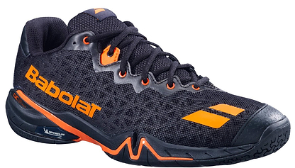 The Babolat Shadow 4 Men's Badminton Shoes in black and orange feature mesh fabric, orange accents, and the Babolat logo—ideal for high-performance badminton or other sports activities.