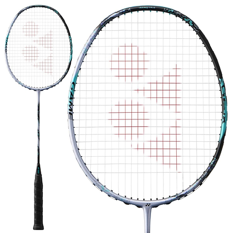 The Yonex Astrox 88S Game 4U Gen 3 2024 Badminton Racket features a stylish silver and black frame accented with vibrant teal highlights. Crafted for intermediate players, the strings create a dramatic red logo pattern in the center, and the handle is wrapped with a comfortable black grip tape.