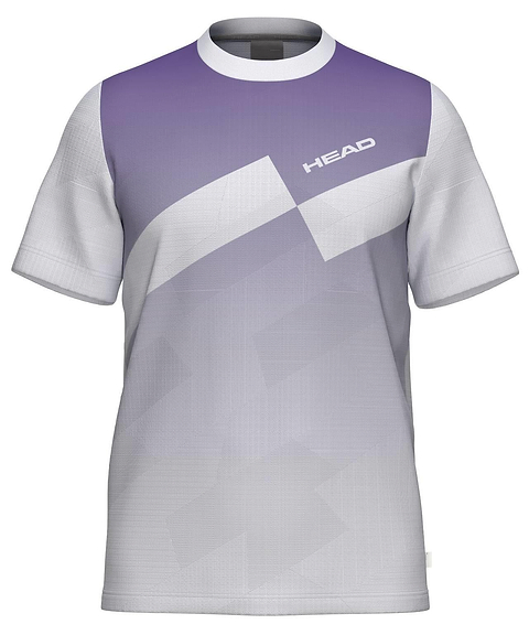The HEAD Pro Men's Badminton T-Shirt - PUXP features a purple and white geometric pattern, "HEAD" in white on the upper right chest, short sleeves, breathable fabric, crew neck, and a sporty modern design.