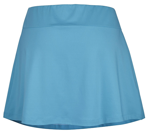 The Babolat Play Women's Badminton Skirt in Cyan Blue features an A-line design with a wide waistband, made from recycled polyester, and is showcased against a white background.