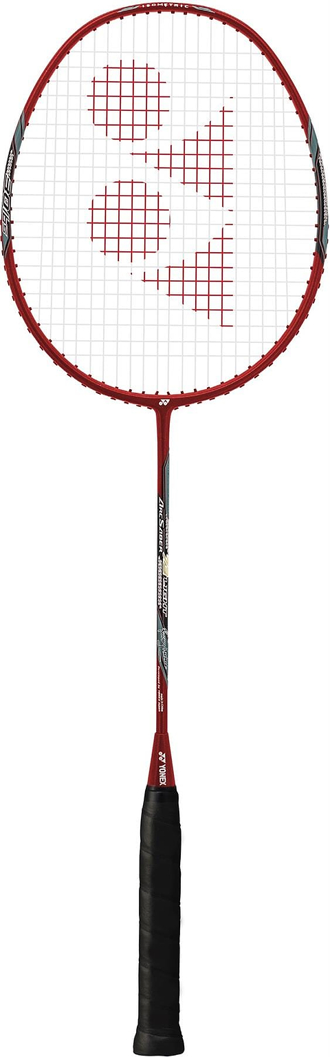 A Yonex Arcsaber 73 Light 5U Badminton Racket in Ruby Red with a black grip, featuring a red logo on the strings, is shown against a white background.