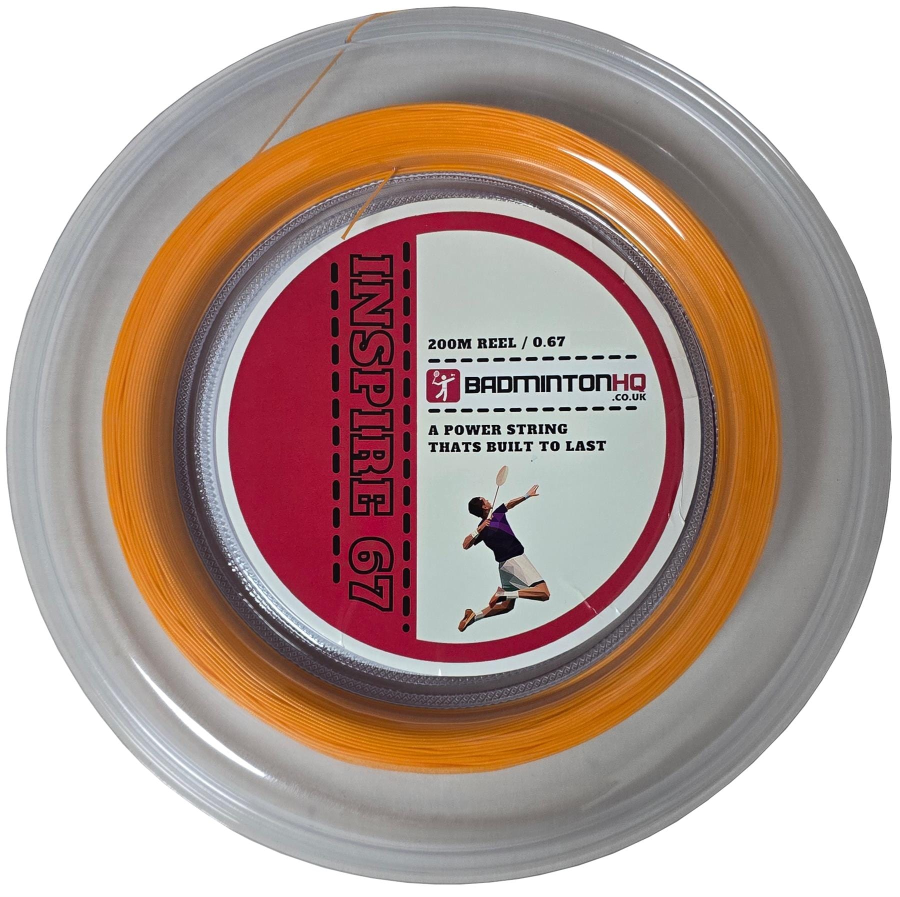 BadmintonHQ Inspire 67 Zoom Badminton String in neon orange is a durable, nylon multifilament 0.67mm string for racket stringing. Featured on the 200m reel packaging is a player illustration with the tagline "A power string that's built to last.