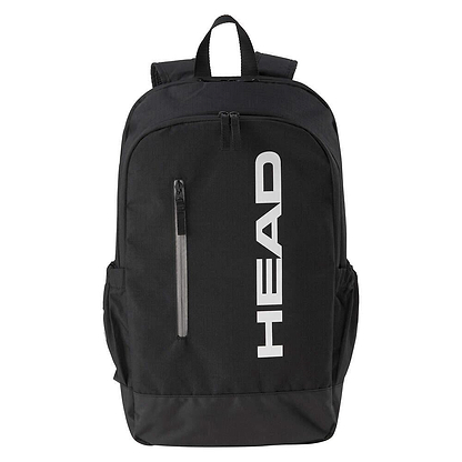 The HEAD BASE Badminton Backpack 17L - Black features two front zippers, “HEAD” in bold white letters, a top handle, two side pockets, and a dedicated racket compartment for convenience.