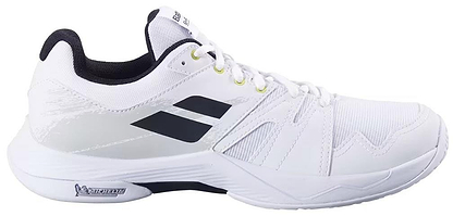 The Babolat Shadow Team 2 Mens Badminton Shoes in White/White offer a sleek design with black and gray accents, white laces, and a textured sole—ideal for indoor sports or training.