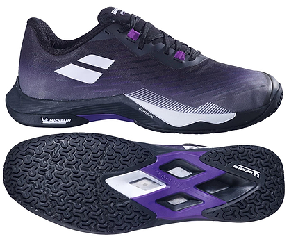The Babolat Shadow Tour 5 Mens Badminton Shoes in black and purple feature a white Babolat logo, a Michelin-branded textured sole for superior grip, and are ideal for indoor courts. Side and bottom views highlight their design.