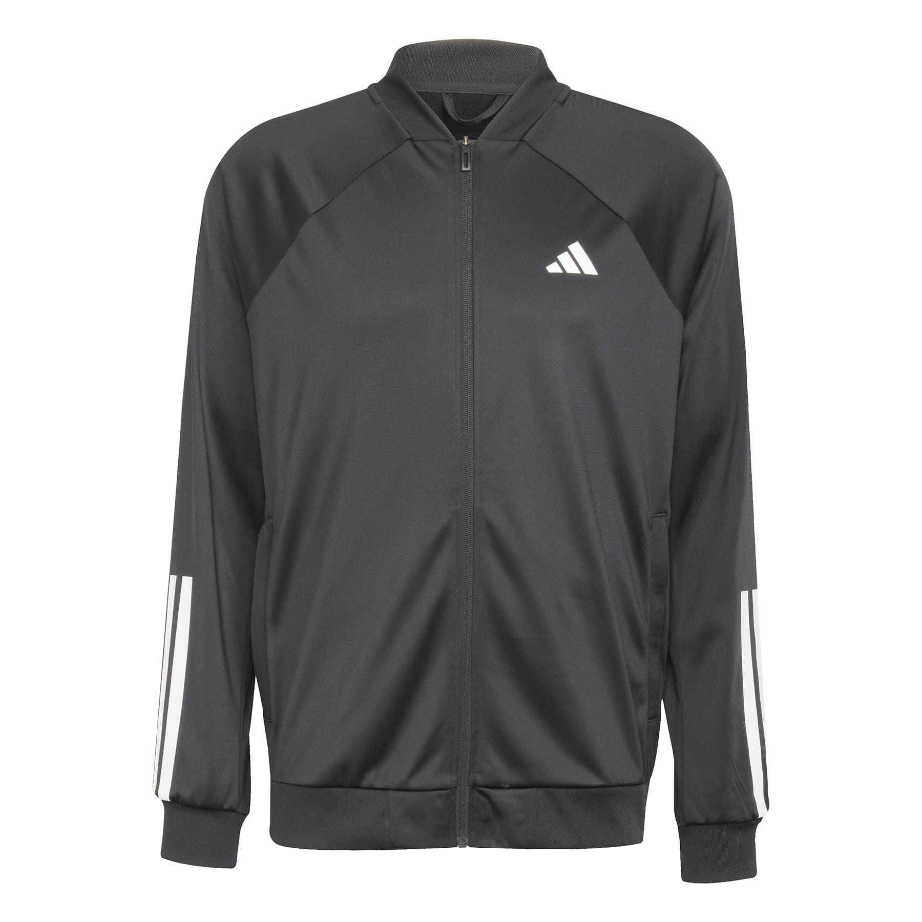 The ADIDAS Men's 3 Stripe Knit Badminton Jacket in black by adidas features a front zipper, iconic three white stripes on the sleeves, and a stylish chest logo. It includes a high collar and side pockets, making it an ideal choice for badminton enthusiasts.