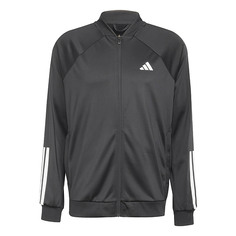 The ADIDAS Men's 3 Stripe Knit Badminton Jacket in black by adidas features a front zipper, iconic three white stripes on the sleeves, and a stylish chest logo. It includes a high collar and side pockets, making it an ideal choice for badminton enthusiasts.