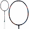 The Li-Ning Axforce 90 5U Badminton Racket - Black features a white grip and a black, blue, and orange carbon fibre frame. The image shows both a head close-up and a full view, highlighting its head-heavy balance against a white background.