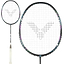 The Victor Drive X Metallic C 4U badminton racket, crafted by Victor, boasts a DYNAMIC-HEX frame and PYROFIL carbon fiber. Its black frame with white strings has a distinctive center logo. The sleek white handle is lightly gripped, shown in full-length and head close-up views.