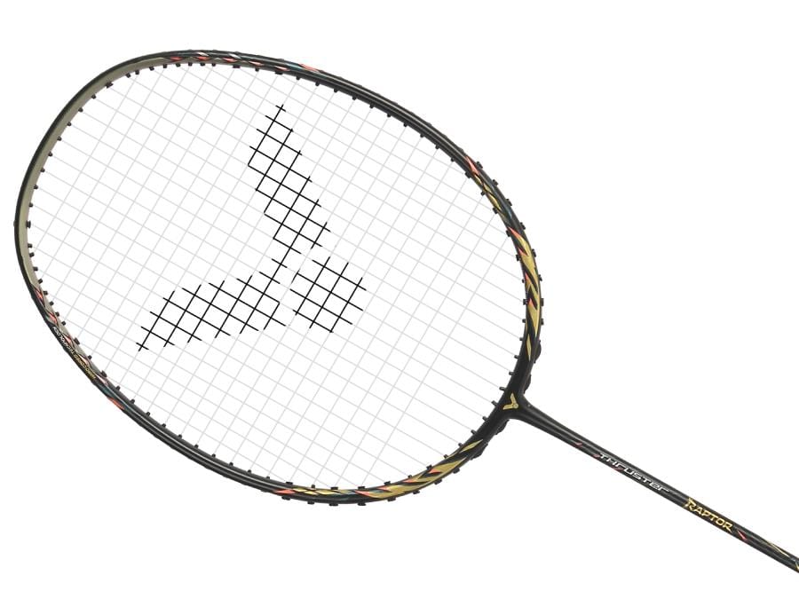 The Victor Thruster Raptor C 4U Badminton Racket by Victor features a black/gold frame and strings with a unique black pattern, optimized for attack play and enhanced with Nano Tec technology for superior performance.