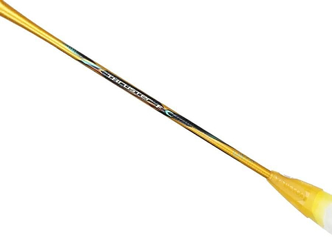 A close-up of the Victor Thruster F C Ultra X Badminton Racket - Gold by Victor shows its gold shaft marked "THRUSTER F C" with decorative lines, highlighting the head heavy balance against a white background.