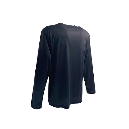 The Yonex YLSS2024 Unisex Badminton Long Sleeve T-Shirt in black appears from the back against a white backdrop. Ideal for badminton lovers, it boasts moisture-wicking fabric to ensure comfort on the court while offering a clean, logo-free design.