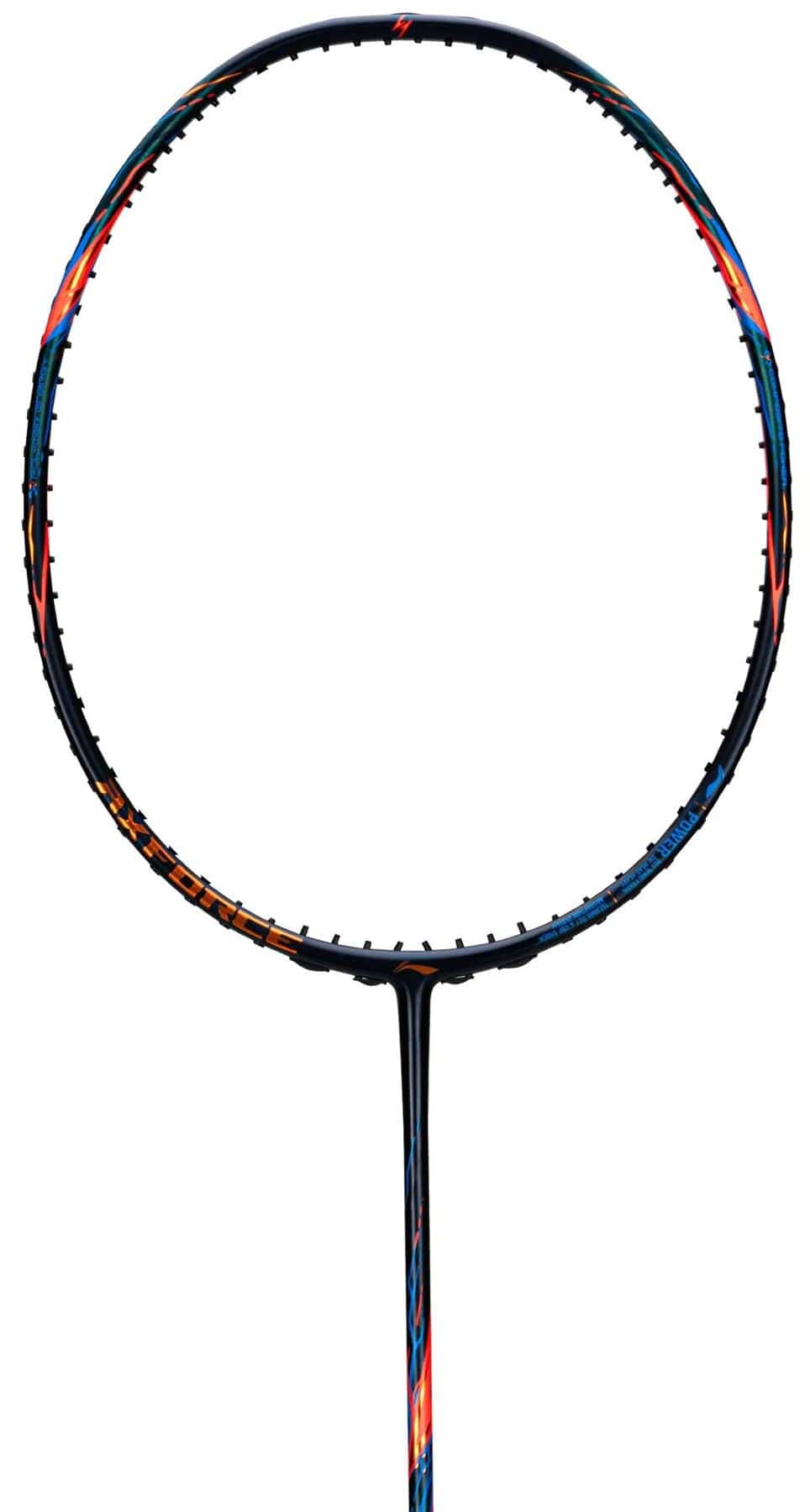 A close-up of the Li-Ning Axforce 90 4U Badminton Racket in black shows its carbon fibre frame and circular head without strings, highlighting Li-Ning's design against a white background.