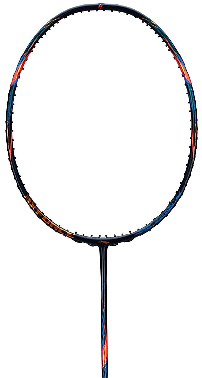 A close-up of the Li-Ning Axforce 90 4U Badminton Racket in black shows its carbon fibre frame and circular head without strings, highlighting Li-Ning's design against a white background.