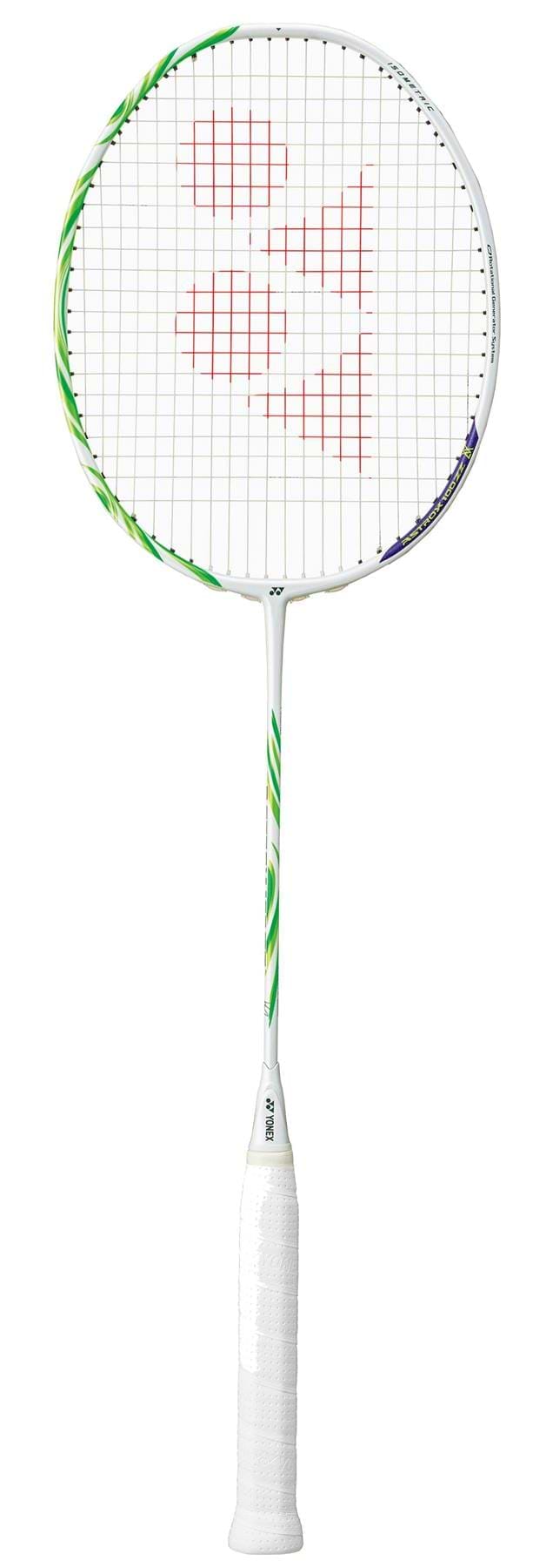 The Yonex Astrox 100 ZZ VA Viktor Axelsen Badminton Racket in greyish beige, with green frame accents, a wrapped white handle, and red string bed markings, stands upright against a plain background.