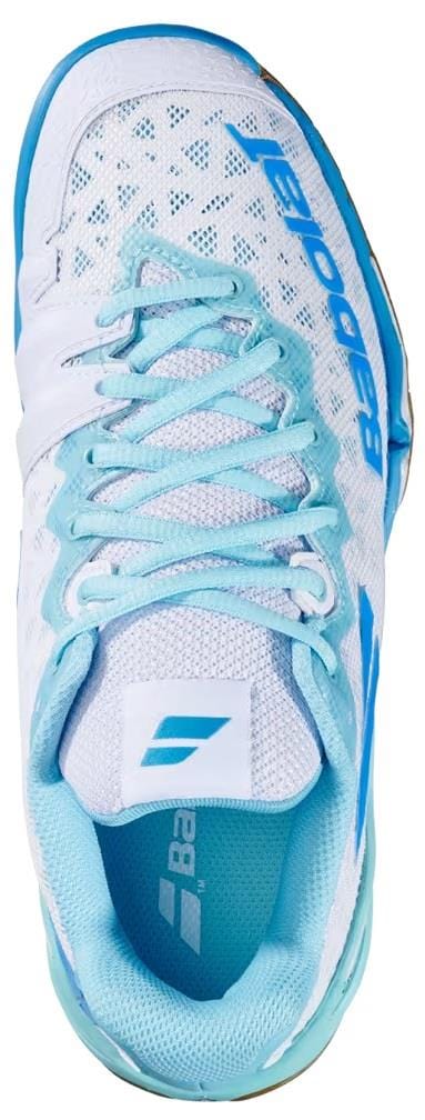 Top view of the Babolat Shadow 4 Womens Badminton Shoes - White Lagoon by Babolat, featuring white and lagoon mesh, light blue laces, a cushioned interior, and "Babolat" printed in blue on the side.