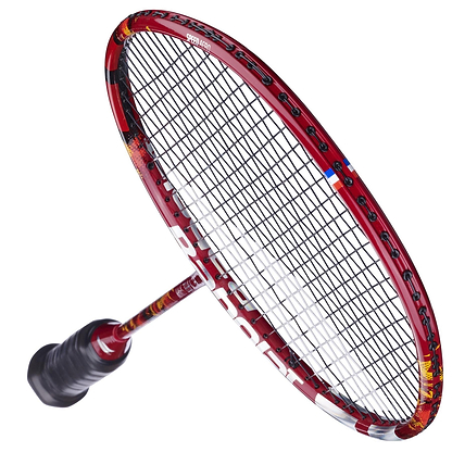 The Babolat X-Feel Spark 2026 3U Badminton Racket in red, shown diagonally with black strings and grip, showcases its power potential against a clean white background.