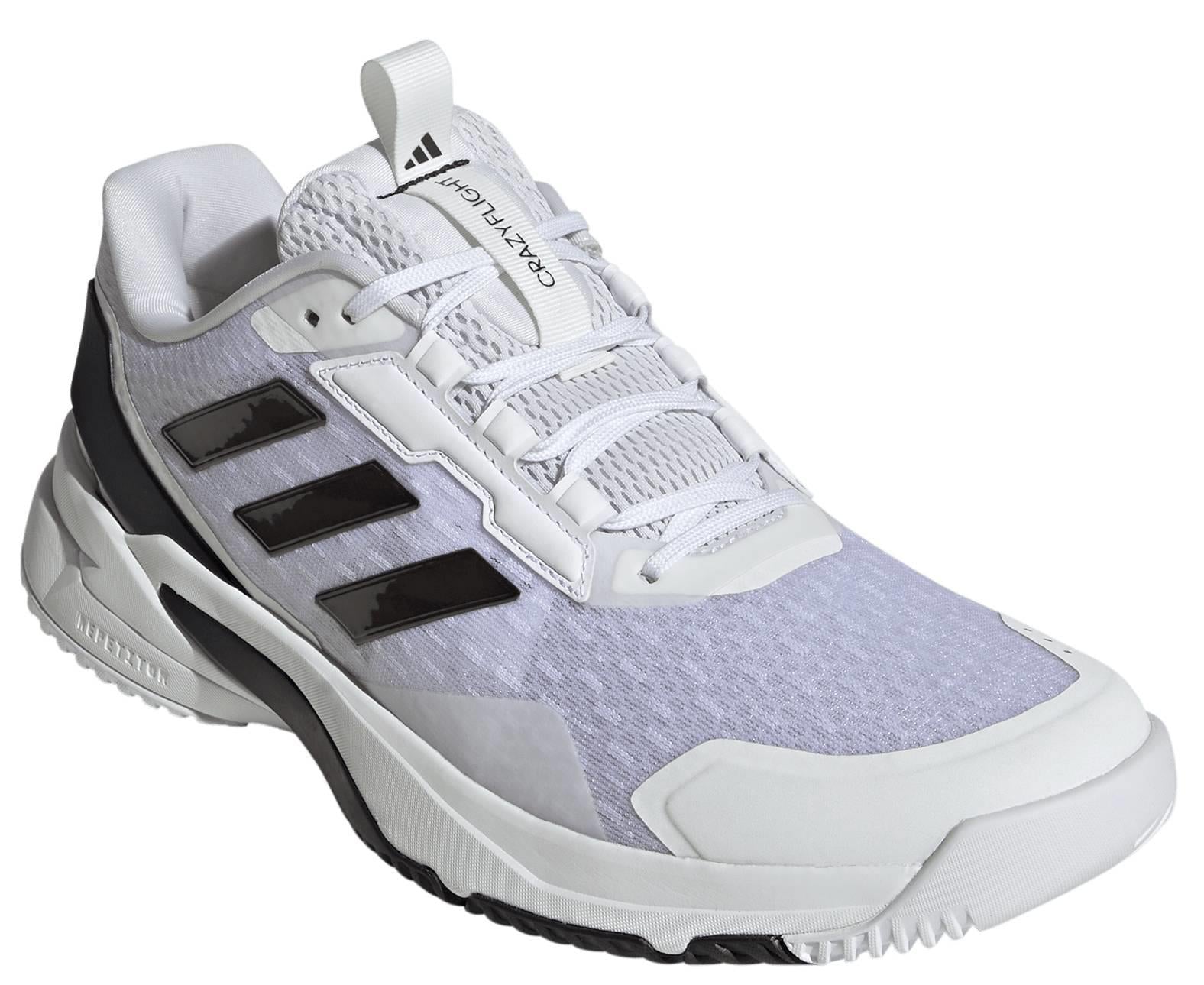 The adidas Crazyflight 6 Men's Indoor Badminton Shoes in white feature a mesh upper, black accents, signature three stripes, a thick textured sole, and lace-up design—ideal for men's indoor court or badminton play.