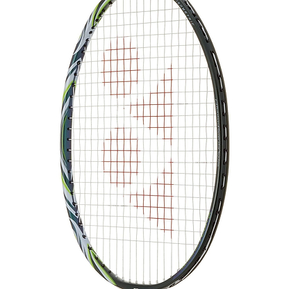 A close-up of the Yonex Astrox 100 Tour VA Viktor Axelsen 4U Badminton Racket in olive green, showing the red Viktor Axelsen signature logo on the white strings. The racket is angled against a white background.