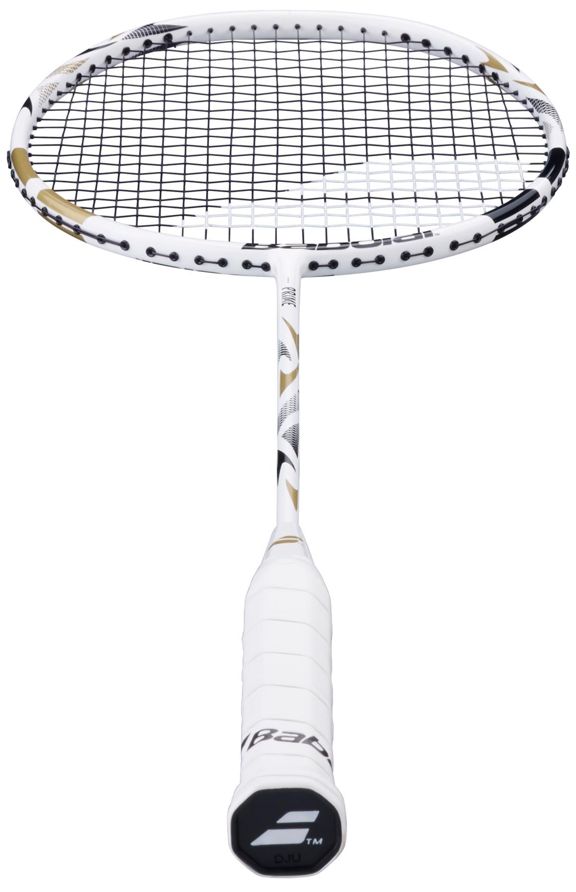 The Babolat Prime 2026 Badminton Racket in white and gold offers lightweight control and style, perfect for beginners. Shown from the handle up with black strings and gold, black, and gray accents.