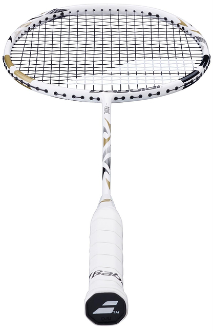 The Babolat Prime 2026 Badminton Racket in white and gold offers lightweight control and style, perfect for beginners. Shown from the handle up with black strings and gold, black, and gray accents.