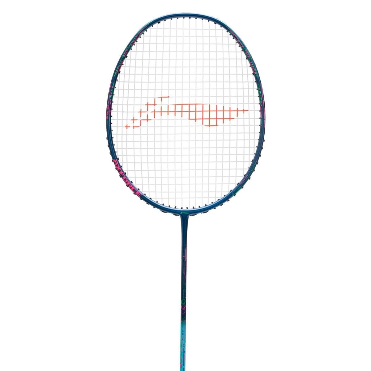 A Li-Ning Axforce 50 4U Badminton Racket in blue features a white string grid with a red curved pattern at the center. Designed for advanced players, the partially visible handle is complemented by colorful details along the side of the frame.