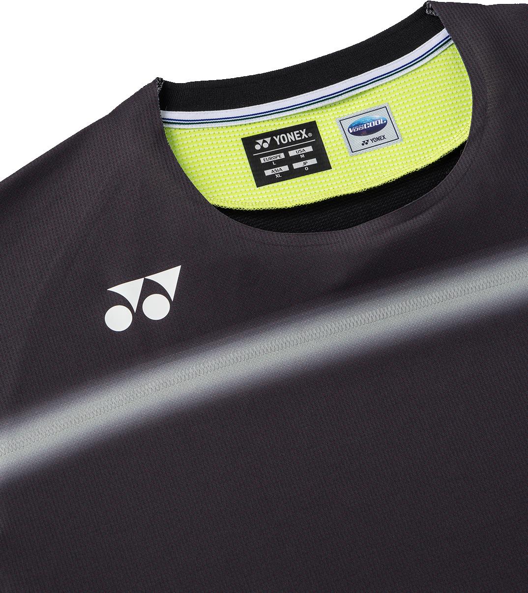 Close-up of the Yonex 10711YX Crew Neck Men's Badminton T-Shirt in black, featuring a black and gray gradient design, white Yonex logo on the chest, and yellow-green inner lining with size and product labels. Perfect for men's performance badminton.