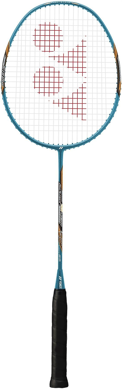 The Yonex Arcsaber 73 Light 5U Badminton Racket - Aqua Blue features a black grip, white strings with a red logo, and offers all-round lightweight performance—ideal for versatile players.