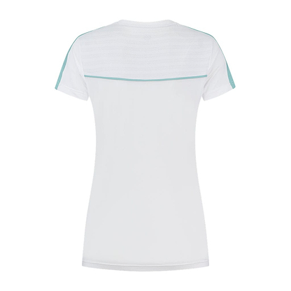 Back view of the K-Swiss Tac Hypercourt Round Neck Badminton Top 2 in white, featuring light blue accents on the shoulders and upper back. This top blends simplicity and style, making it ideal for those who prefer a sleek design. Perfect for casual activewear enthusiasts seeking a choice from K-Swiss.