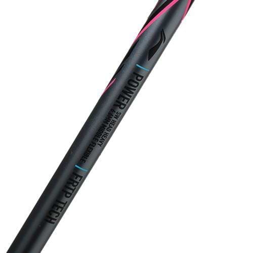 A close-up of the Li-Ning Axforce 80 4U Badminton Racket in black, showing its pink accents and blue and white "POWER" and "FRIP TECH" details—highlighting advanced Li-Ning technology.
