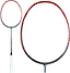 Close-up of a Li-Ning 3D Calibar 900 Boost Badminton Racket showcasing a black and red frame. The grip is wrapped with white tape. The main image features the entire racket, while a zoomed-in section highlights the Dynamic-Optimum Frame featuring 3D Calibar Technology for enhanced performance.