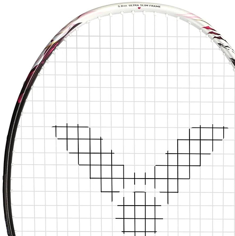 Close-up of the Victor Auraspeed Fantôme AF 4U Badminton Racket by Victor, featuring a black frame, black strings with a bold "V" pattern in the center, and advanced Nano Aerogel technology.
