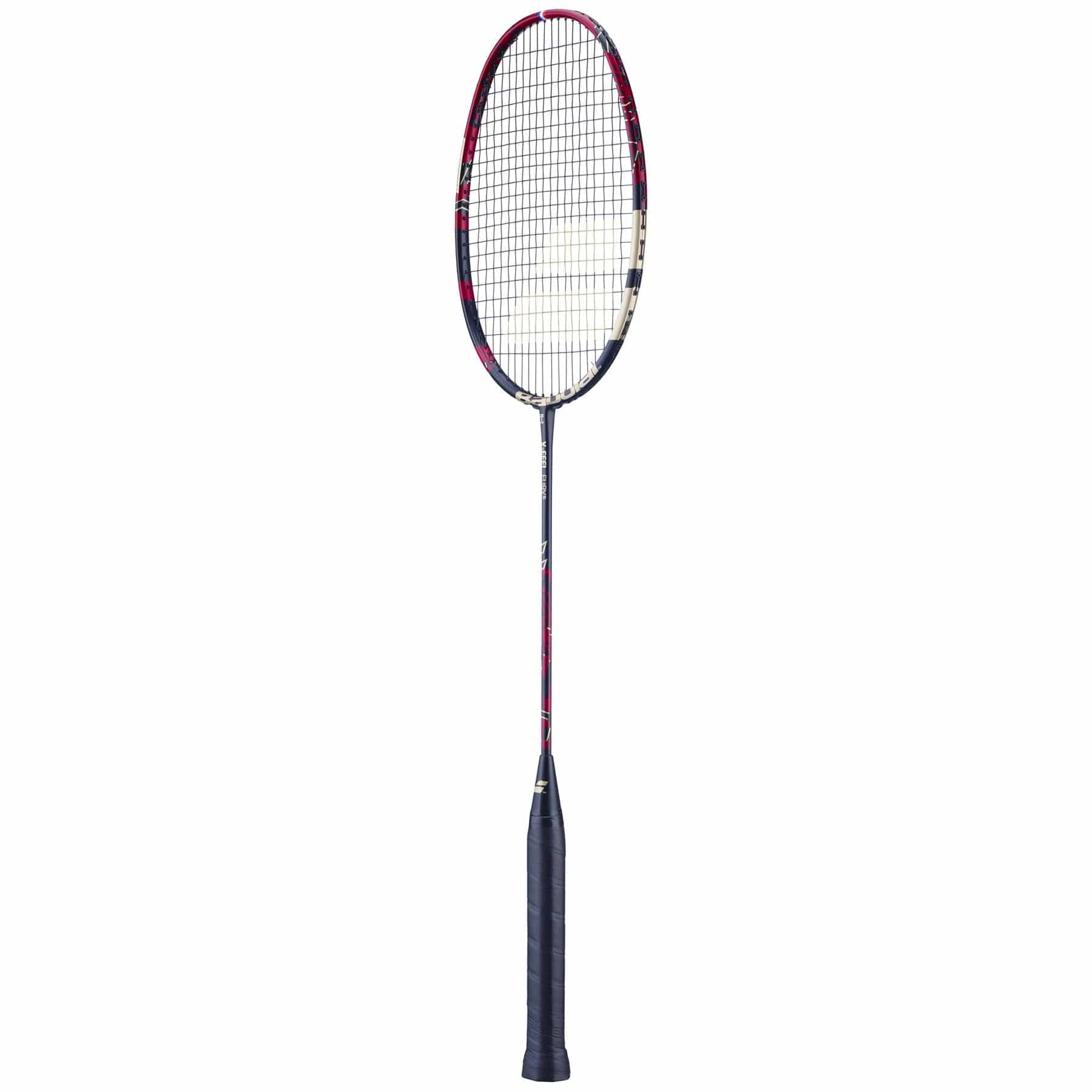 The Babolat X-Feel Fury badminton racket features a striking red and black frame with a grid-like string pattern to enhance power transmission. It is equipped with a handle wrapped in black grip tape for ultimate comfort. Captured against a simple white background, this racket from Babolat seamlessly blends style and performance.